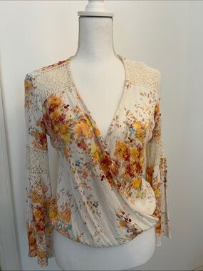 Boho Floral Wrap Blouse - Cream with Yellow and Pink Floral Print